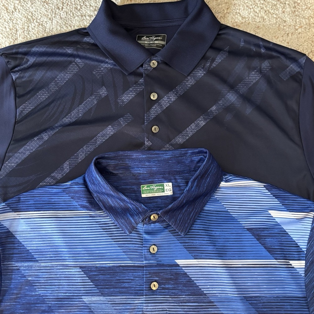 Lot of 2 Ben Hogan Performance Mens XL Blue Graphic Print Golf Polo Shirts